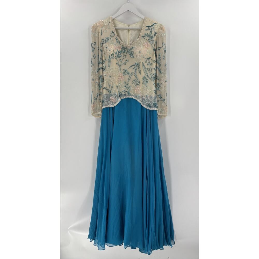 Vintage Beaded Gown Womens 8 Ivory Blue Maxi V Neck Floral Ruffles Lined Zip Up